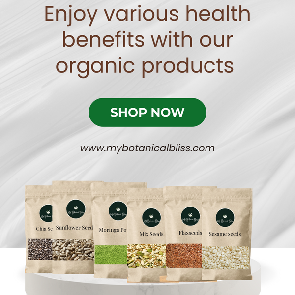 Promotional image of organic product packages with text encouraging to shop now.
